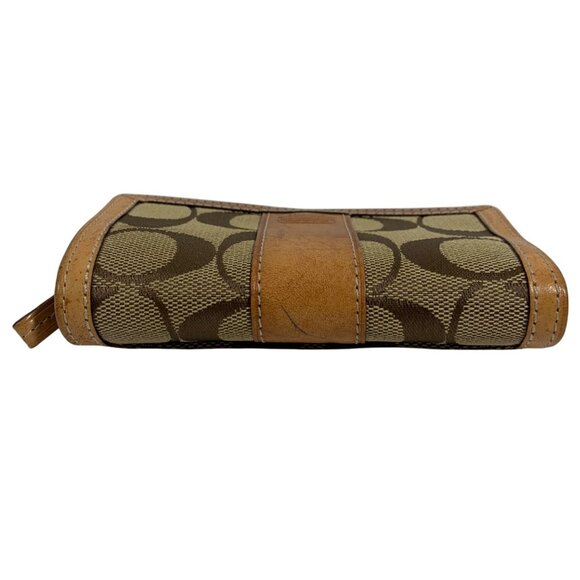 COACH Signature Logo Jacquard Bifold Wallet Tan Leather Trim + Zipper Pouch - Picture 3 of 10